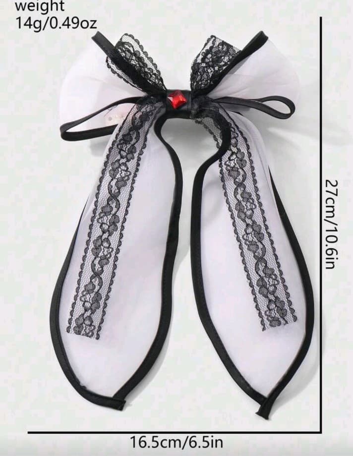 Ht Black and White Lace Ribbon Hair Bow - Thumbnail 6