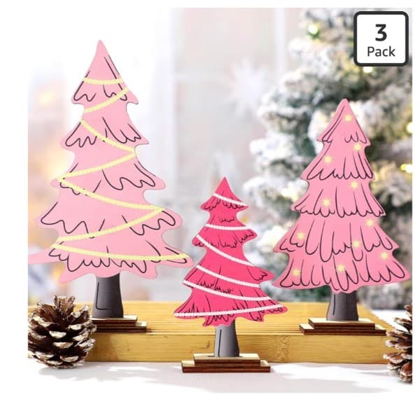 3 Pcs Pink Christmas Tree Pastel Christmas Table Decorations Rustic Farmhouse - Image 1