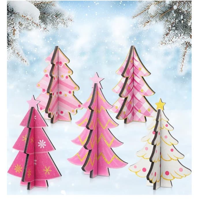 5 Pcs Pink Wooden Christmas Trees Tabletop Decorations Rustic 3D CUTE - Image 1