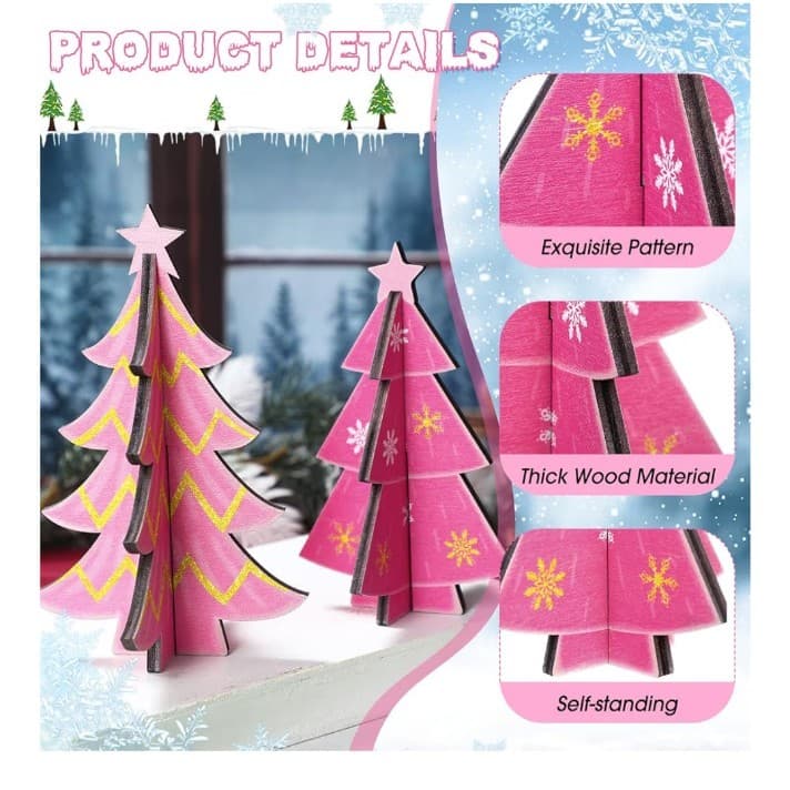 5 Pcs Pink Wooden Christmas Trees Tabletop Decorations Rustic 3D CUTE - Thumbnail 5