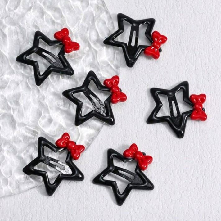 Kawaii 6pcs Cute Black Pentagram & Bow Hair Clips, Back2school gifts, Valentine' - Thumbnail 4