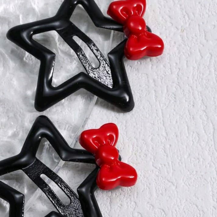 Kawaii 6pcs Cute Black Pentagram & Bow Hair Clips, Back2school gifts, Valentine' - Thumbnail 5