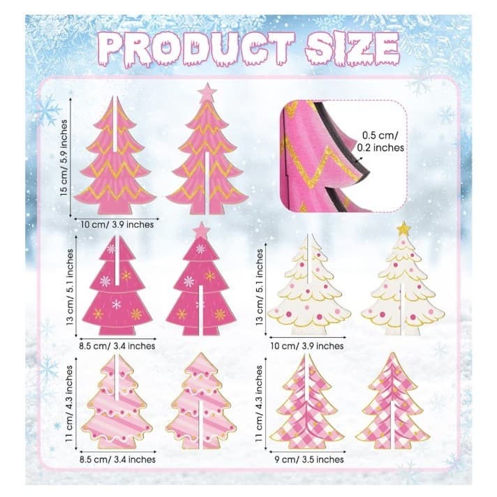 5 Pcs Pink Wooden Christmas Trees Tabletop Decorations Rustic 3D CUTE - Thumbnail 3