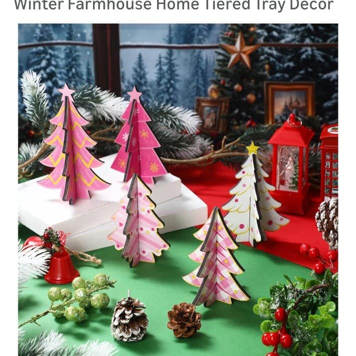5 Pcs Pink Wooden Christmas Trees Tabletop Decorations Rustic 3D CUTE - Thumbnail 2