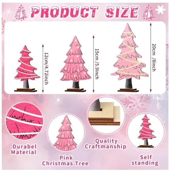 3 Pcs Pink Christmas Tree Pastel Christmas Table Decorations Rustic Farmhouse - Thumbnail 2