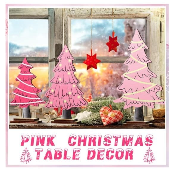 3 Pcs Pink Christmas Tree Pastel Christmas Table Decorations Rustic Farmhouse - Thumbnail 5