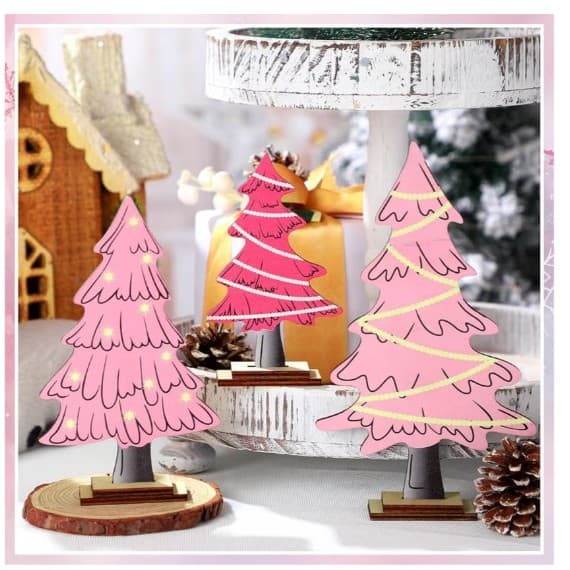 3 Pcs Pink Christmas Tree Pastel Christmas Table Decorations Rustic Farmhouse - Thumbnail 3
