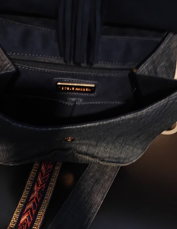 Navy Denim Crossbody Bag with Tassel With Guitar Strap - Thumbnail 3