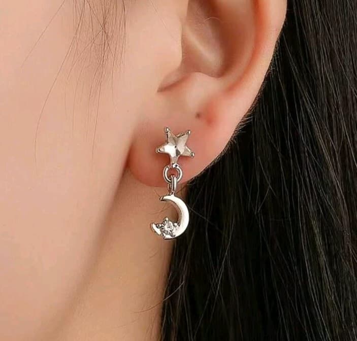 Silver Crescent Moon and Star Earrings - Thumbnail 2