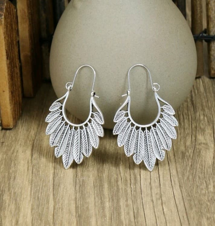 Boho style Silver Crescent and Leaf Earrings - Thumbnail 4