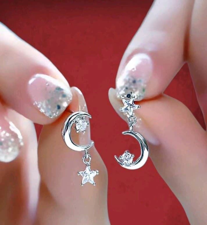 Silver Crescent Moon and Star Earrings - Image 1