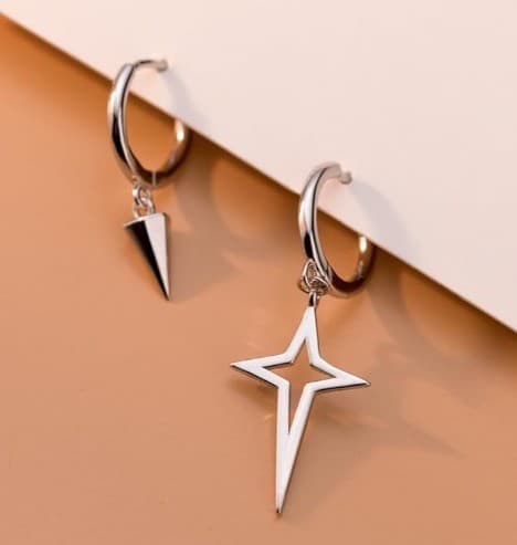 HT Silver Spike Star Hoop Earrings Punk Simple Asymmetric Mismatched NWT - Thumbnail 3