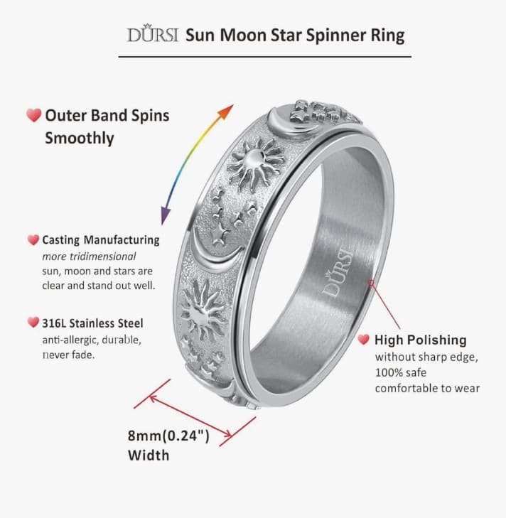 Sun Moon and Star Spinner Fidget Ring for Anxiety for Men&Women Stainless Steel - Thumbnail 7