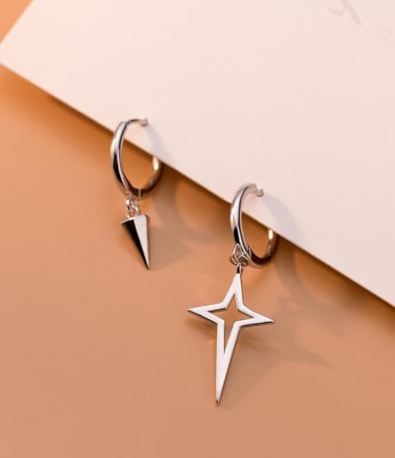 HT Silver Spike Star Hoop Earrings Punk Simple Asymmetric Mismatched NWT - Image 1