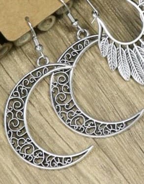 Boho style Silver Crescent and Leaf Earrings - Thumbnail 7