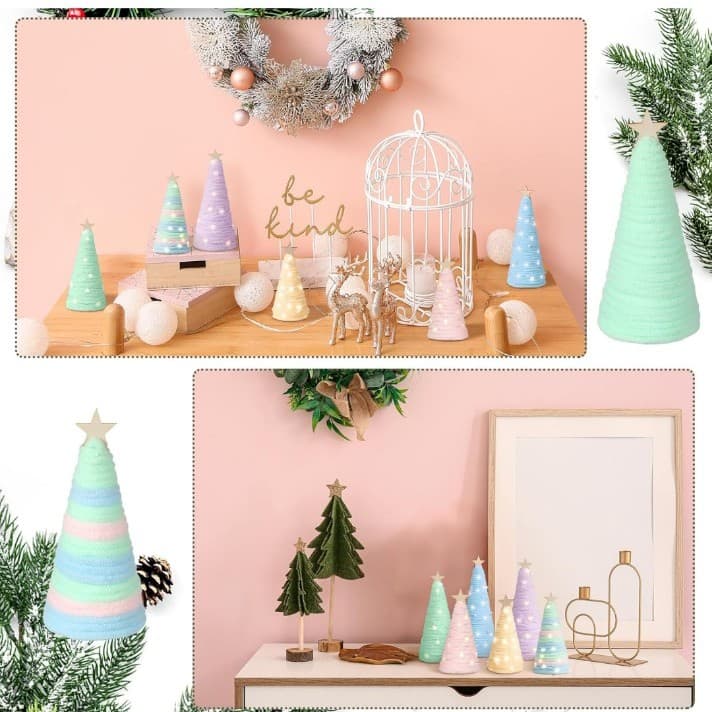 6 Pcs Boho Christmas Yarn Tree Natural Xmas Yarn Cone Pedestal Decoration - Thumbnail 4