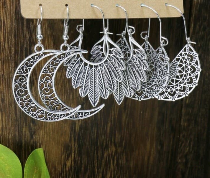 Boho style Silver Crescent and Leaf Earrings - Thumbnail 5