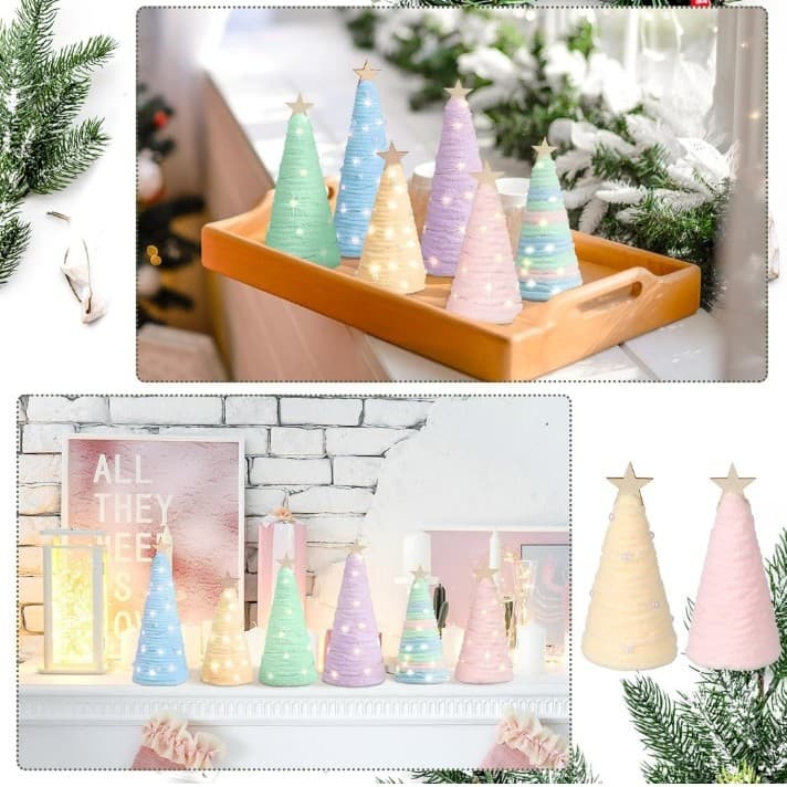 6 Pcs Boho Christmas Yarn Tree Natural Xmas Yarn Cone Pedestal Decoration - Thumbnail 5
