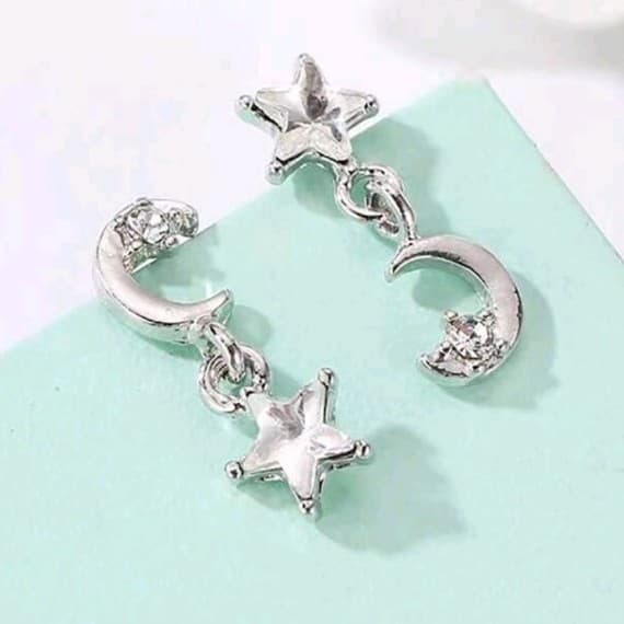 Silver Crescent Moon and Star Earrings - Thumbnail 3
