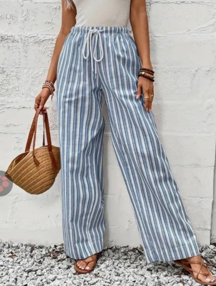 Elegant Striped Blue Wide Leg Pants - Thumbnail 2