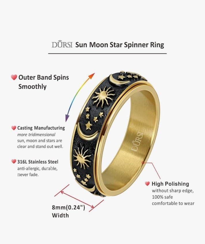 Sun Moon and Star Spinner Fidget Ring for Anxiety for Men&Women Stainless Steel - Thumbnail 6