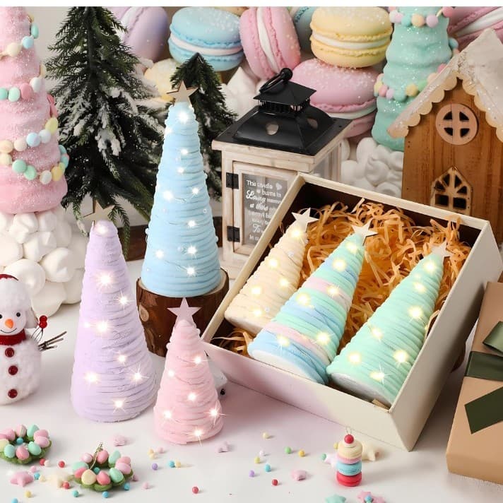 6 Pcs Boho Christmas Yarn Tree Natural Xmas Yarn Cone Pedestal Decoration - Thumbnail 2