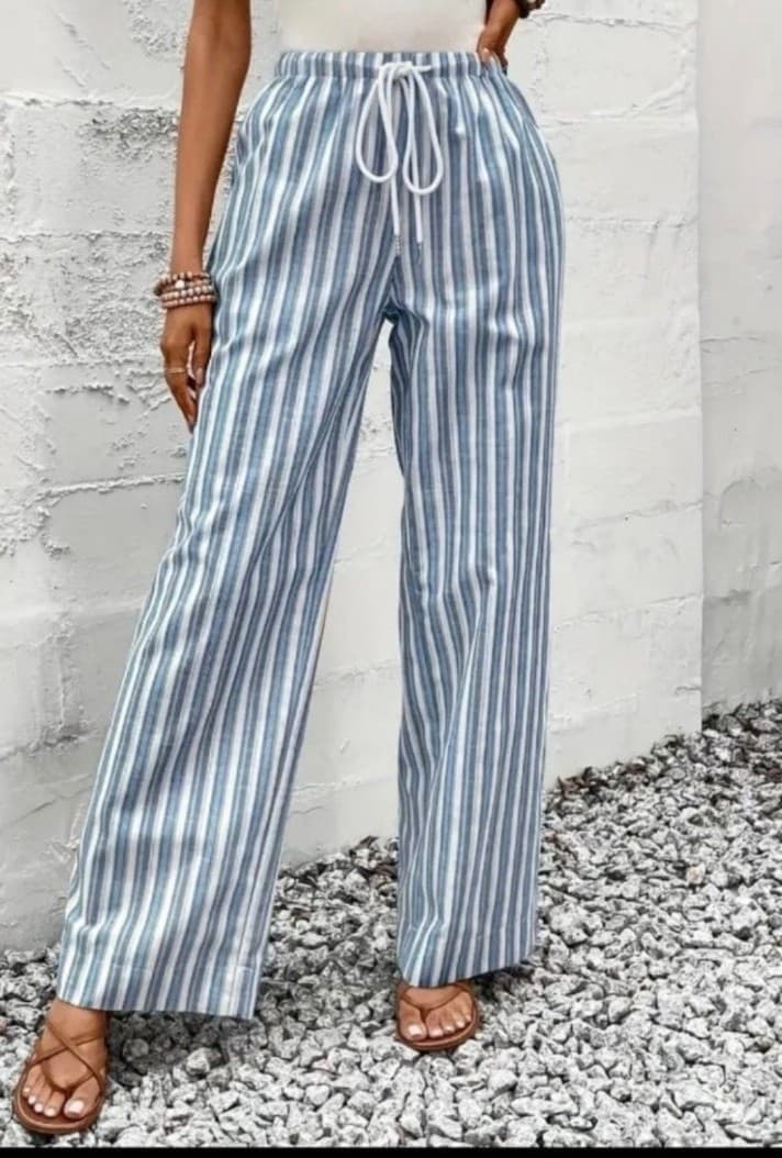 Elegant Striped Blue Wide Leg Pants - Image 1