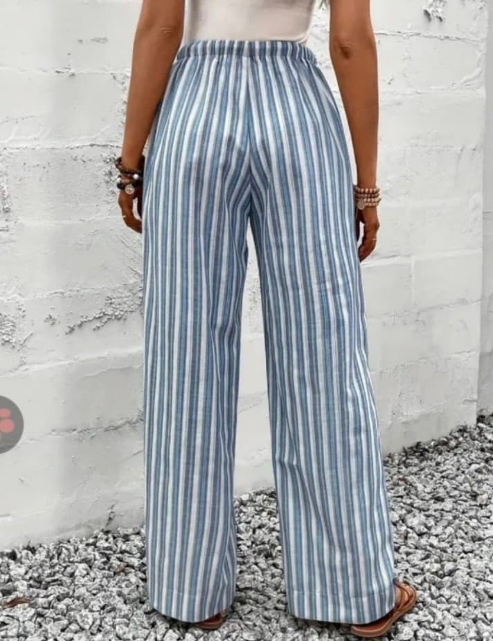 Elegant Striped Blue Wide Leg Pants - Thumbnail 4