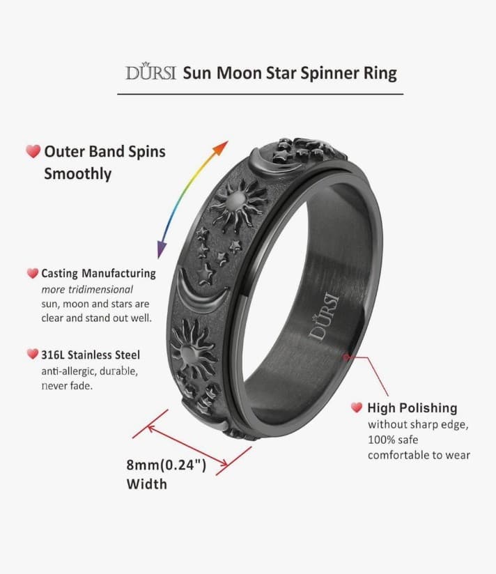Sun Moon and Star Spinner Fidget Ring for Anxiety for Men&Women Stainless Steel - Thumbnail 2