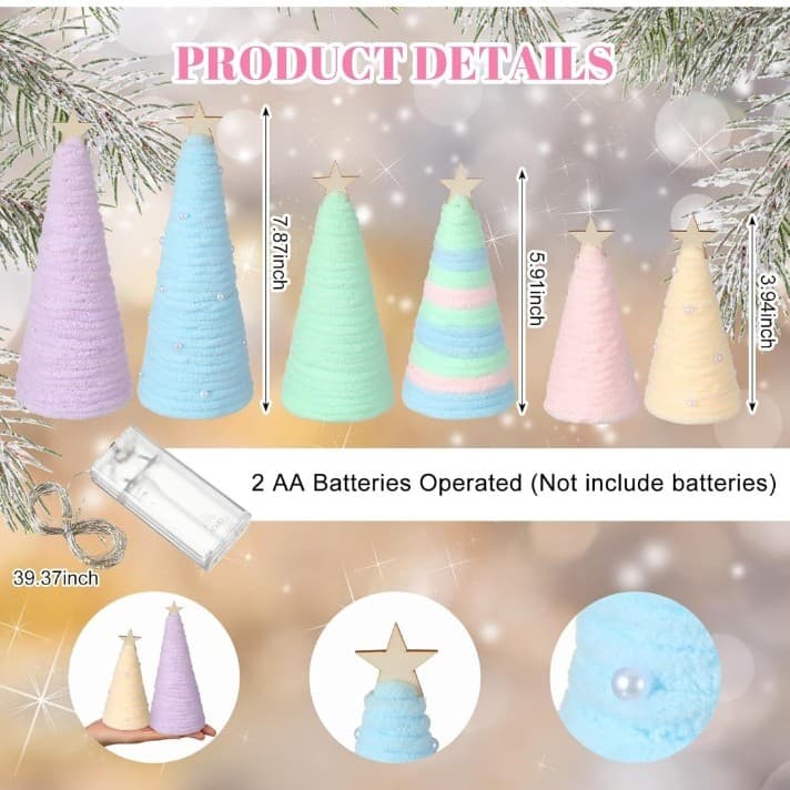 6 Pcs Boho Christmas Yarn Tree Natural Xmas Yarn Cone Pedestal Decoration - Thumbnail 3