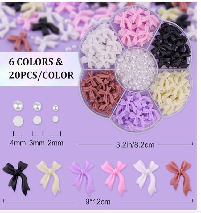 Black pink white purple cream & mauve bow nail decorations & white pearls. - Thumbnail 2