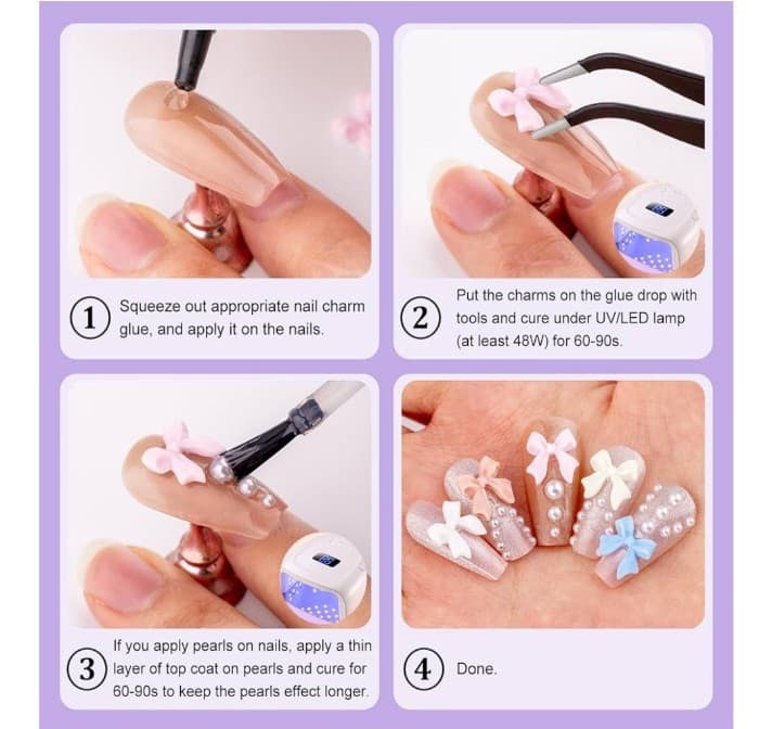 Black pink white purple cream & mauve bow nail decorations & white pearls. - Thumbnail 5