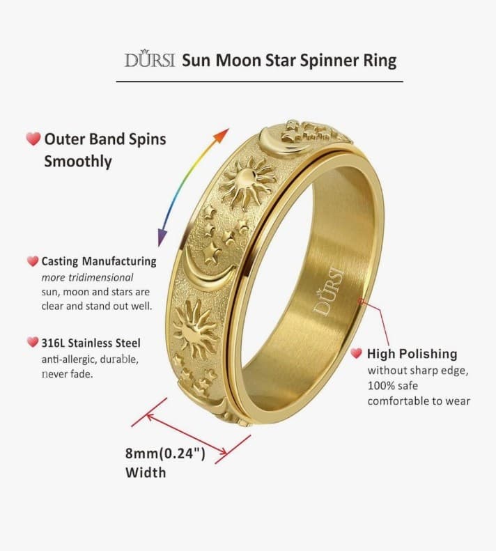 Sun Moon and Star Spinner Fidget Ring for Anxiety for Men&Women Stainless Steel - Thumbnail 5