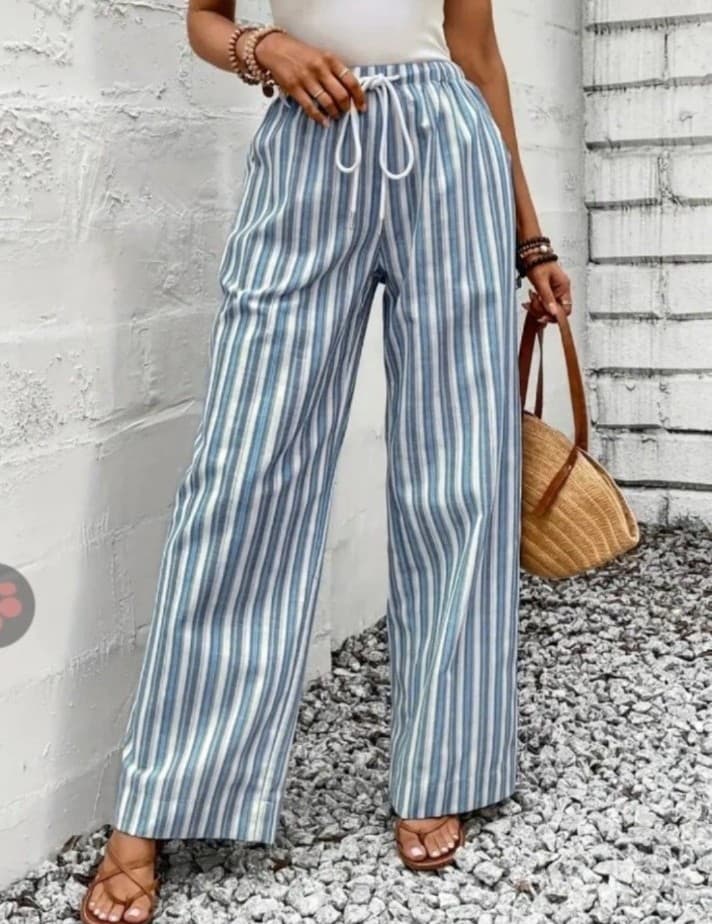 Elegant Striped Blue Wide Leg Pants - Thumbnail 3