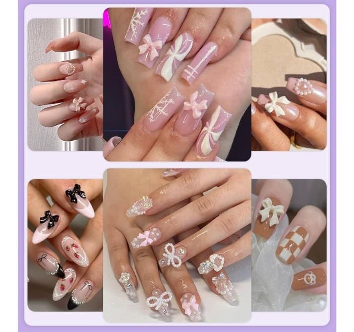 Black pink white purple cream & mauve bow nail decorations & white pearls. - Thumbnail 6