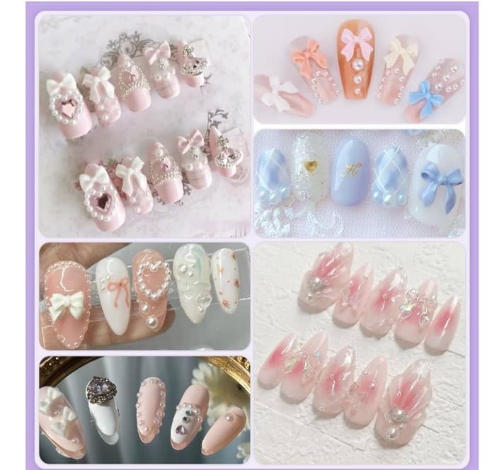 Black pink white purple cream & mauve bow nail decorations & white pearls. - Thumbnail 8