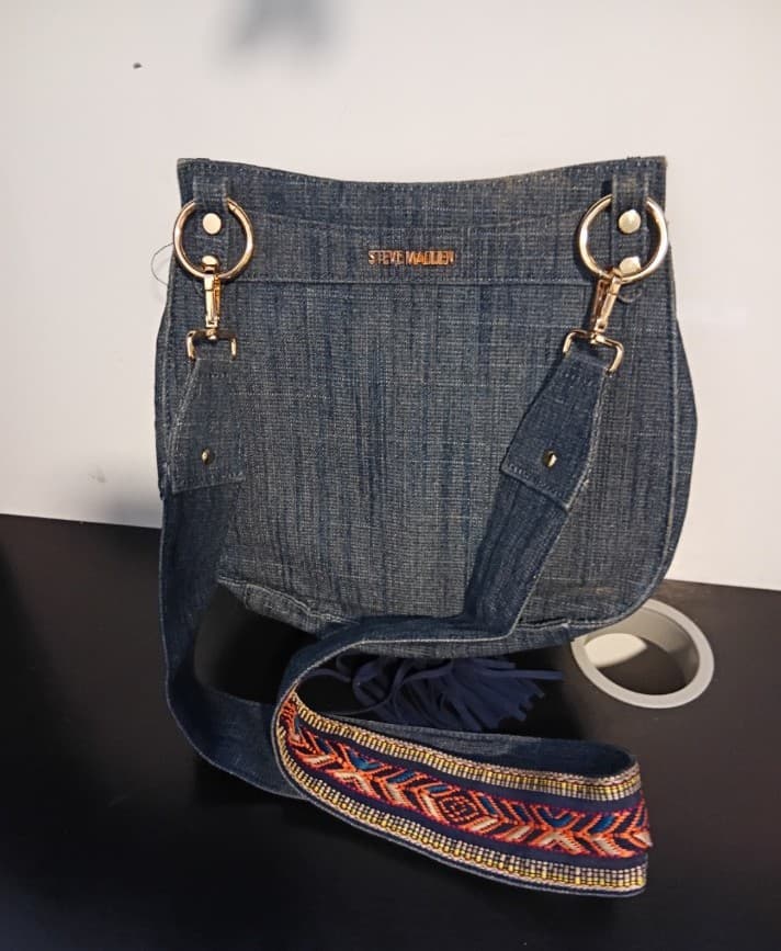 Navy Denim Crossbody Bag with Tassel With Guitar Strap - Thumbnail 2