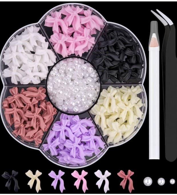 Black pink white purple cream & mauve bow nail decorations & white pearls. - Image 1