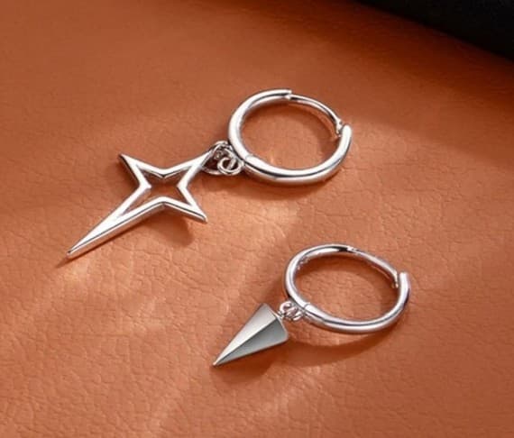 HT Silver Spike Star Hoop Earrings Punk Simple Asymmetric Mismatched NWT - Thumbnail 2