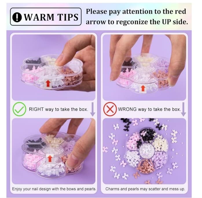 Black pink white purple cream & mauve bow nail decorations & white pearls. - Thumbnail 4