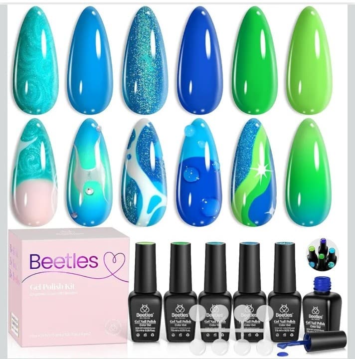 Beetles Blue Gel Nail Polish,6 Colors Swirl Pacific Blue Glitter Blue Green Gel - Image 1