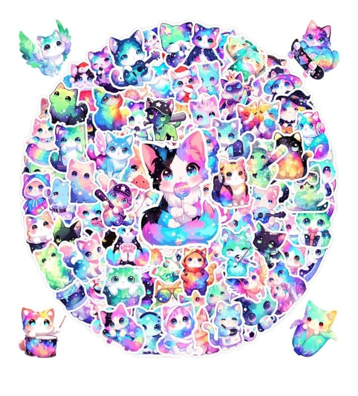50 Starry Cute Cat Stickers for Teen Adults, Cartoon Kitten Decal for ANYONE !