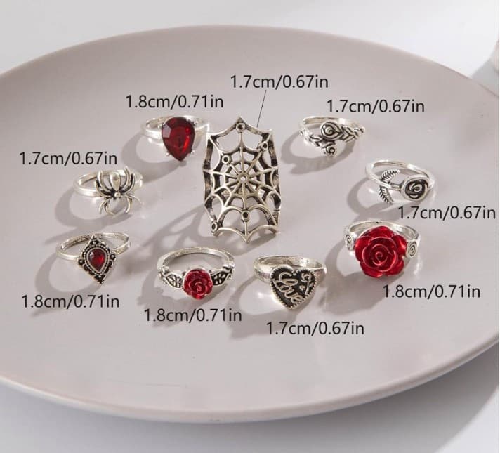Hot topic Gothic Silver and Red Rose And Spider Webs Ring Set 9 pieces - Thumbnail 2