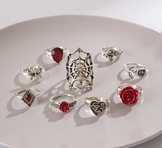 Hot topic Gothic Silver and Red Rose And Spider Webs Ring Set 9 pieces - Thumbnail 3