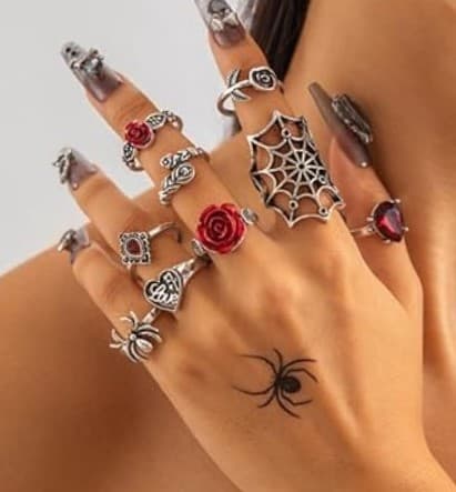 Hot topic Gothic Silver and Red Rose And Spider Webs Ring Set 9 pieces - Image 1