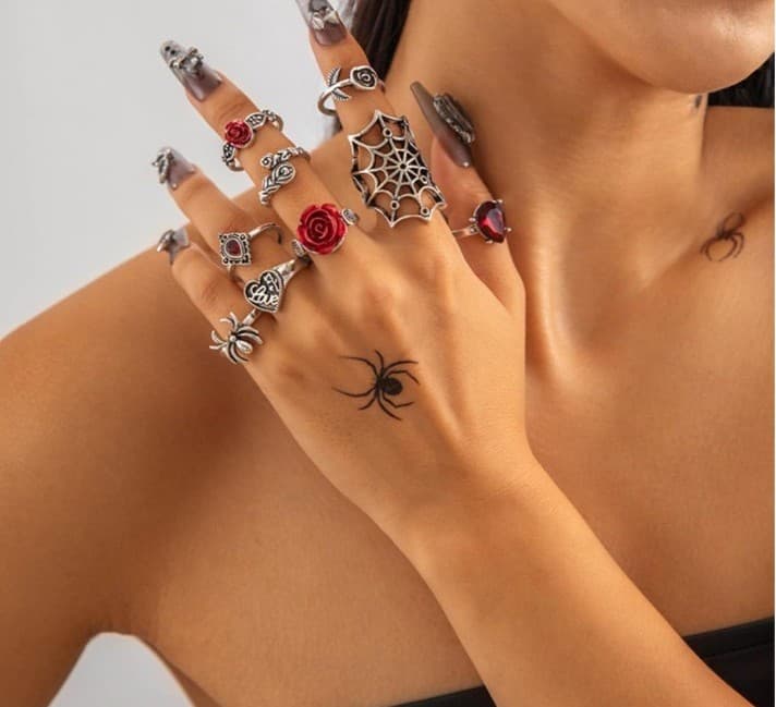 Hot topic Gothic Silver and Red Rose And Spider Webs Ring Set 9 pieces - Thumbnail 4