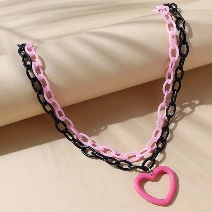 Hot topicPlayful Pink and Black Heart Necklace with Glossy Finish - Image 1