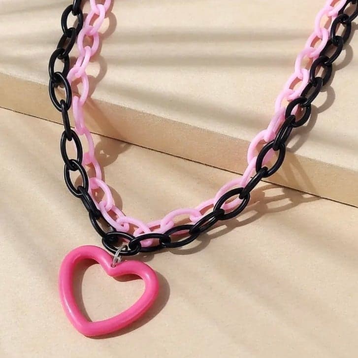 Hot topicPlayful Pink and Black Heart Necklace with Glossy Finish - Thumbnail 4