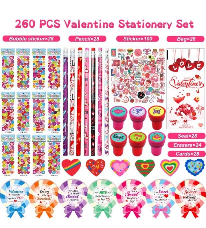 260 piece set of VALENTINE'S DAY BULK stickers,pencils,erasers,Cards,stampers. - Image 1