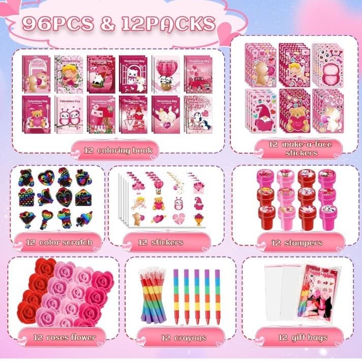 96 VALENTINE'S DAY bulk coloring book set for school , birthday parties , gifts - Thumbnail 4